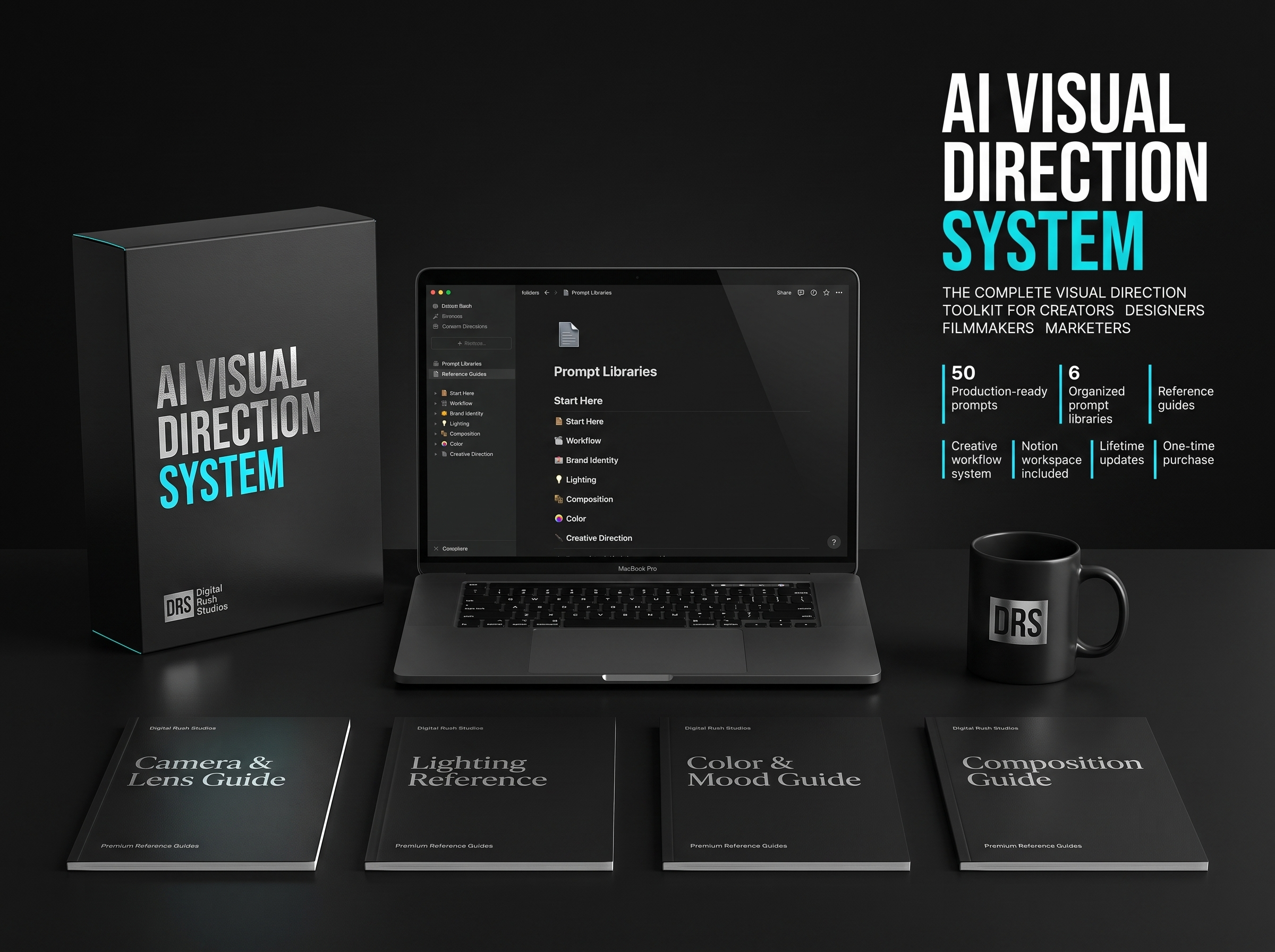 DRS AI Visual Direction System V2.0 product mockup showing the Notion workspace, premium product box, reference guides, and creative workflow system.